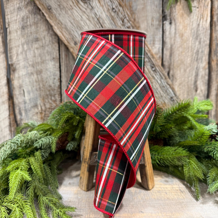 4" Red Green Plaid Ribbon, Farrisilk Ribbon, Christmas Plaid Ribbon, RM003-29
