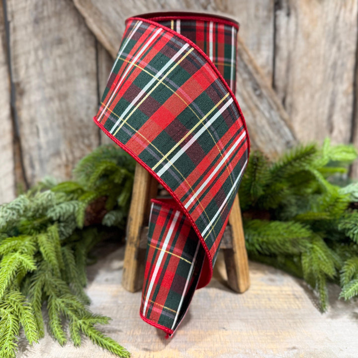 4" Red Green Plaid Ribbon, Farrisilk Ribbon, Christmas Plaid Ribbon, RM003-29