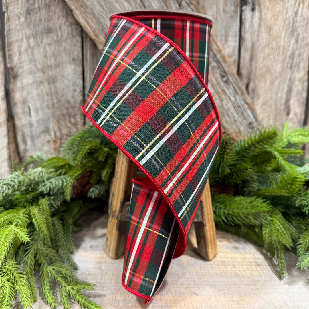 4" Red Green Plaid Ribbon, Farrisilk Ribbon, Christmas Plaid Ribbon, RM003-29