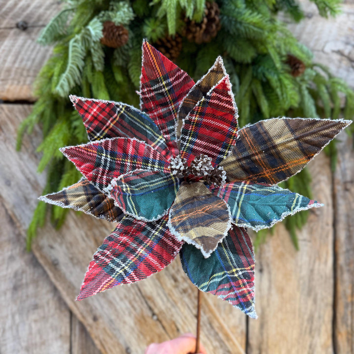 21" Cozy Christmas Plaid Poinsettia Stem