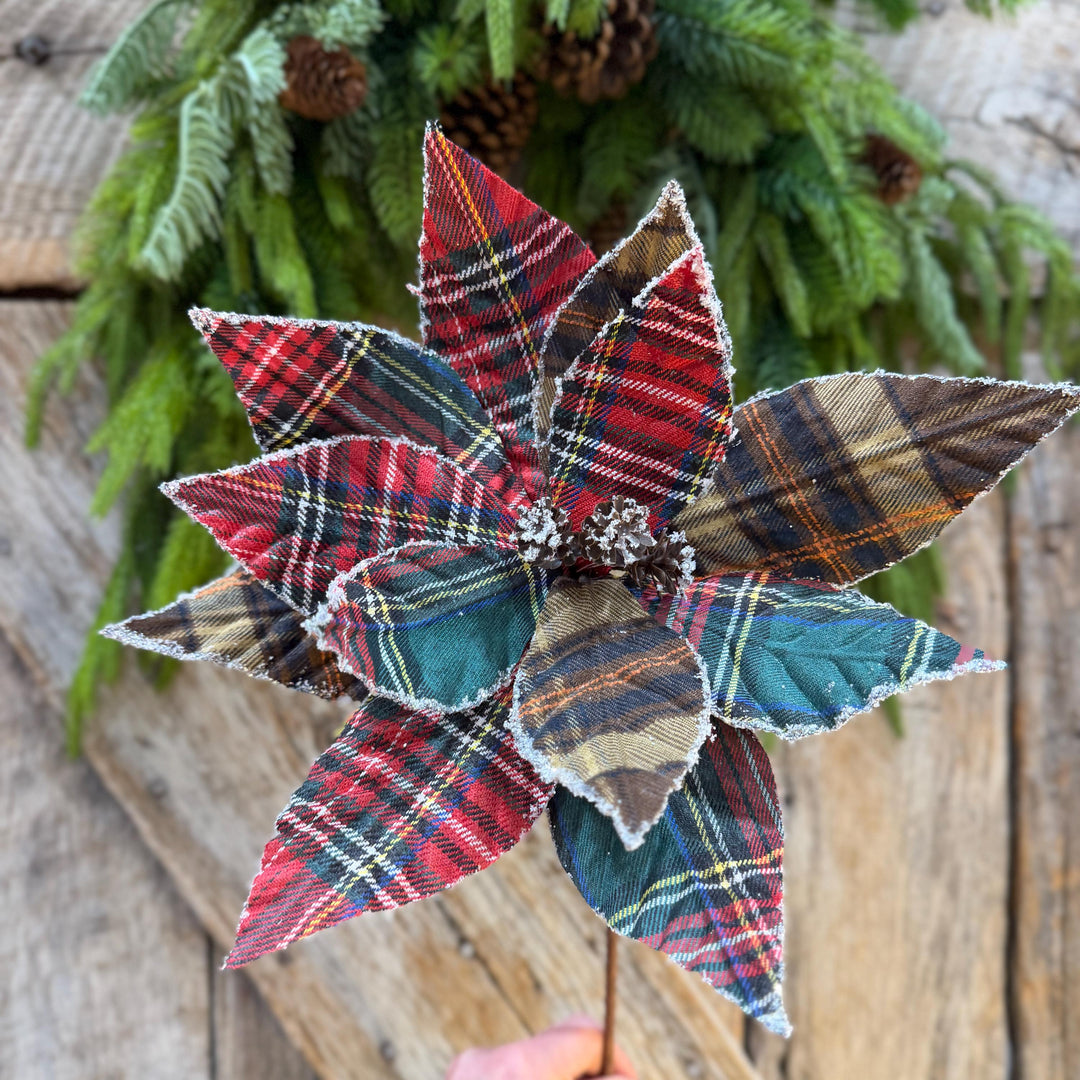21" Cozy Christmas Plaid Poinsettia Stem