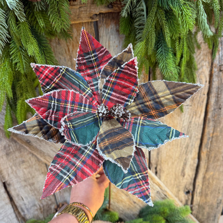 21" Cozy Christmas Plaid Poinsettia Stem