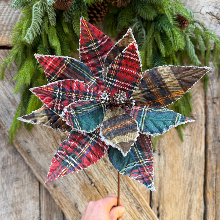 21" Cozy Christmas Plaid Poinsettia Stem
