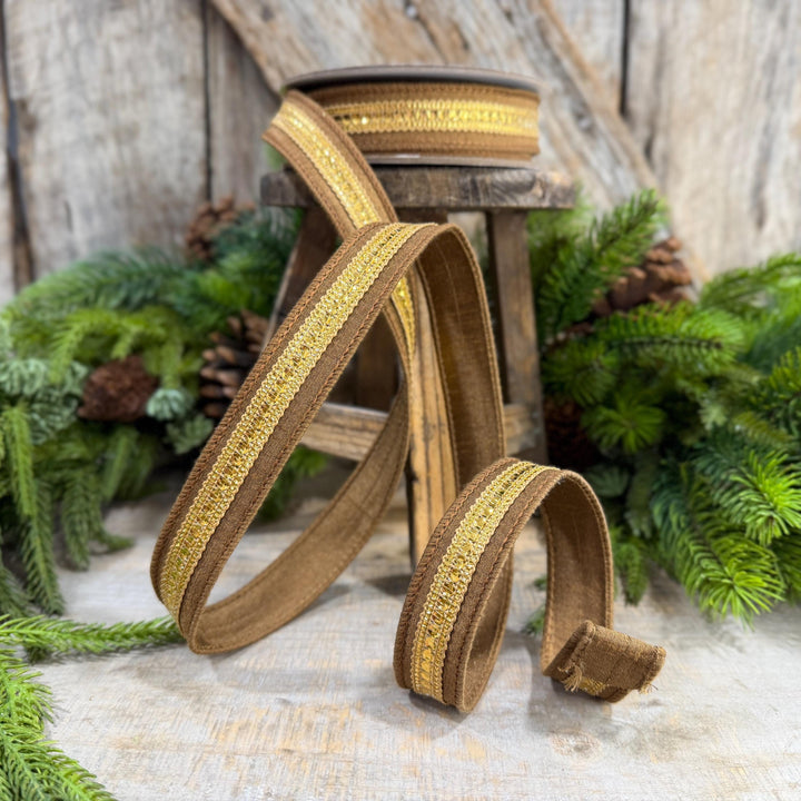 1" Pecan Twinkle Trim Ribbon, Farrisilk ribbon, Brown Jeweled RIbbon, Gold Ribbon, Brown Christmas Ribbon, Designer RIbbon, RK756-35