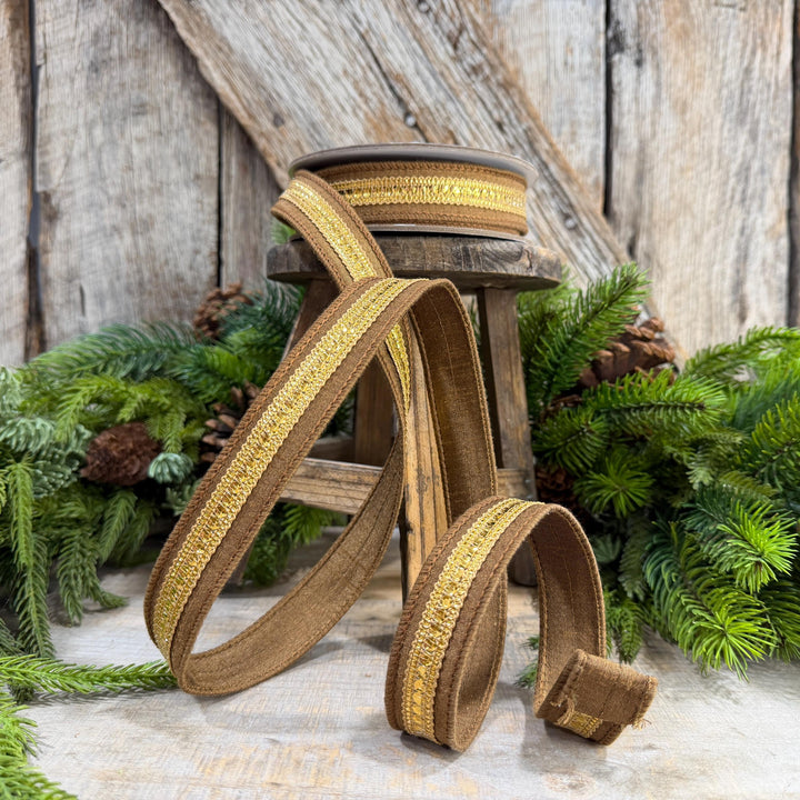 1" Pecan Twinkle Trim Ribbon, Farrisilk ribbon, Brown Jeweled RIbbon, Gold Ribbon, Brown Christmas Ribbon, Designer RIbbon, RK756-35