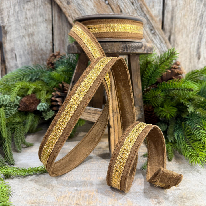1" Pecan Twinkle Trim Ribbon, Farrisilk ribbon, Brown Jeweled RIbbon, Gold Ribbon, Brown Christmas Ribbon, Designer RIbbon, RK756-35