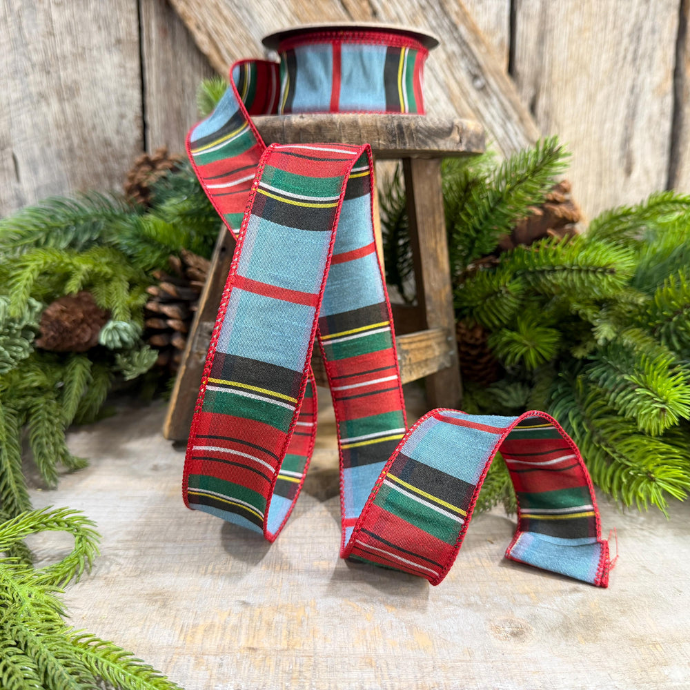 1.5" Dusty Blue Tartan Plaid Ribbon, Christmas Plaid Wired Ribbon, Red Blue Chirstmas Plaid RIbbon