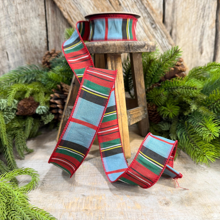 1.5" Dusty Blue Tartan Plaid Ribbon, Christmas Plaid Wired Ribbon, Red Blue Chirstmas Plaid RIbbon