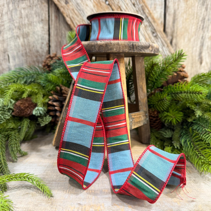 1.5" Dusty Blue Tartan Plaid Ribbon, Christmas Plaid Wired Ribbon, Red Blue Chirstmas Plaid RIbbon