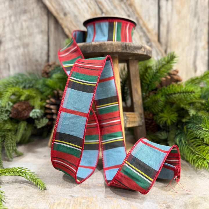 1.5" Dusty Blue Tartan Plaid Ribbon, Christmas Plaid Wired Ribbon, Red Blue Chirstmas Plaid RIbbon