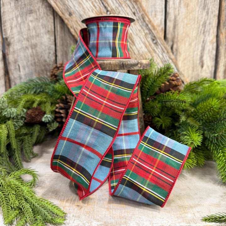 2.5" Dusty Blue Tartan Plaid Ribbon, Christmas Plaid Wired Ribbon, Red Blue Chirstmas Plaid RIbbon