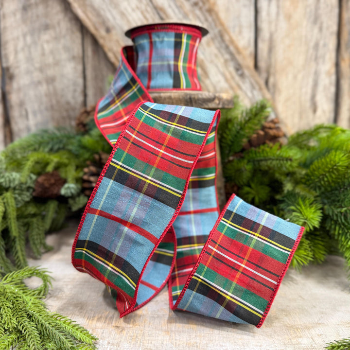 2.5" Dusty Blue Tartan Plaid Ribbon, Christmas Plaid Wired Ribbon, Red Blue Chirstmas Plaid RIbbon