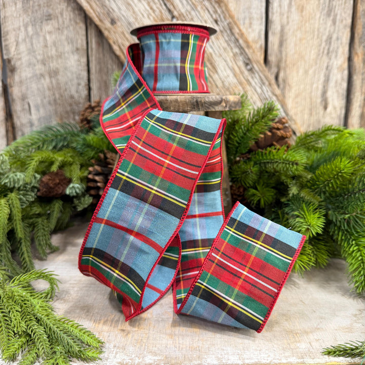 2.5" Dusty Blue Tartan Plaid Ribbon, Christmas Plaid Wired Ribbon, Red Blue Chirstmas Plaid RIbbon