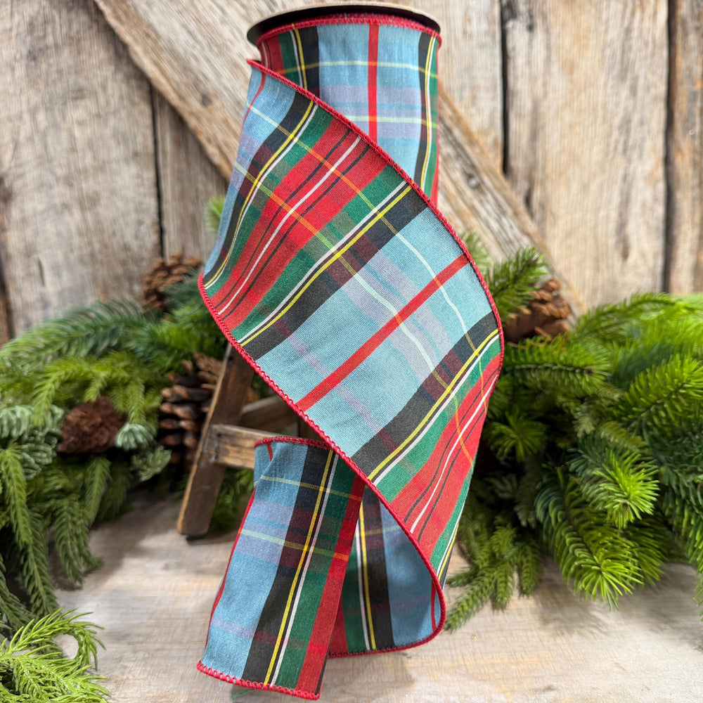 4" Dusty Blue Tartan Plaid Ribbon, Christmas Plaid Wired Ribbon, Red Blue Chirstmas Plaid RIbbon