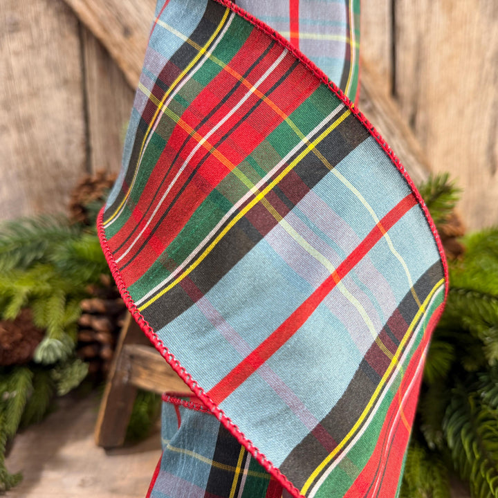 4" Dusty Blue Tartan Plaid Ribbon, Christmas Plaid Wired Ribbon, Red Blue Chirstmas Plaid RIbbon