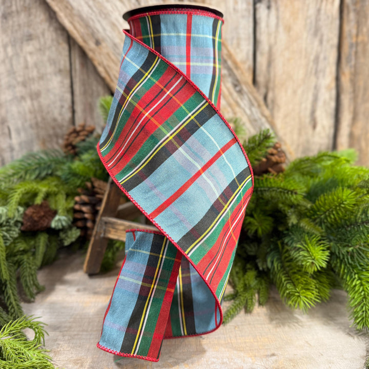 4" Dusty Blue Tartan Plaid Ribbon, Christmas Plaid Wired Ribbon, Red Blue Chirstmas Plaid RIbbon