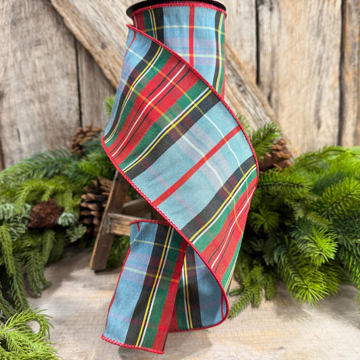 4" Dusty Blue Tartan Plaid Ribbon, Christmas Plaid Wired Ribbon, Red Blue Chirstmas Plaid RIbbon
