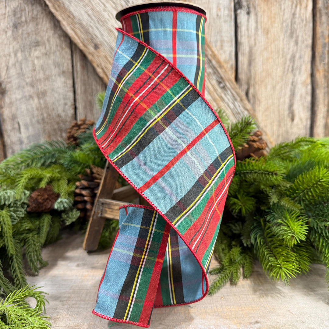 4" Dusty Blue Tartan Plaid Ribbon, Christmas Plaid Wired Ribbon, Red Blue Chirstmas Plaid RIbbon