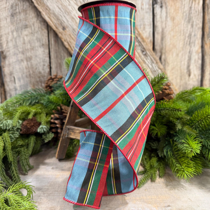 4" Dusty Blue Tartan Plaid Ribbon, Christmas Plaid Wired Ribbon, Red Blue Chirstmas Plaid RIbbon