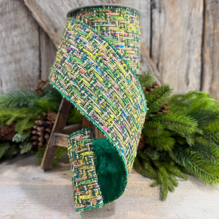 4" Green Tweed Ribbon, Farrisilk Jolly Tweed Ribbon, Christmas Tweed Ribbon, RS289-55
