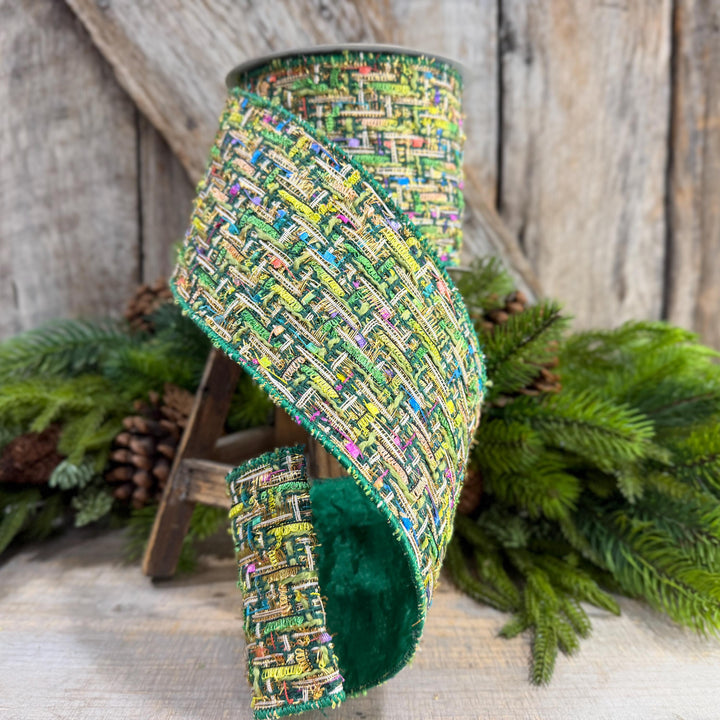 4" Green Tweed Ribbon, Farrisilk Jolly Tweed Ribbon, Christmas Tweed Ribbon, RS289-55