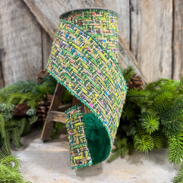 4" Green Tweed Ribbon, Farrisilk Jolly Tweed Ribbon, Christmas Tweed Ribbon, RS289-55