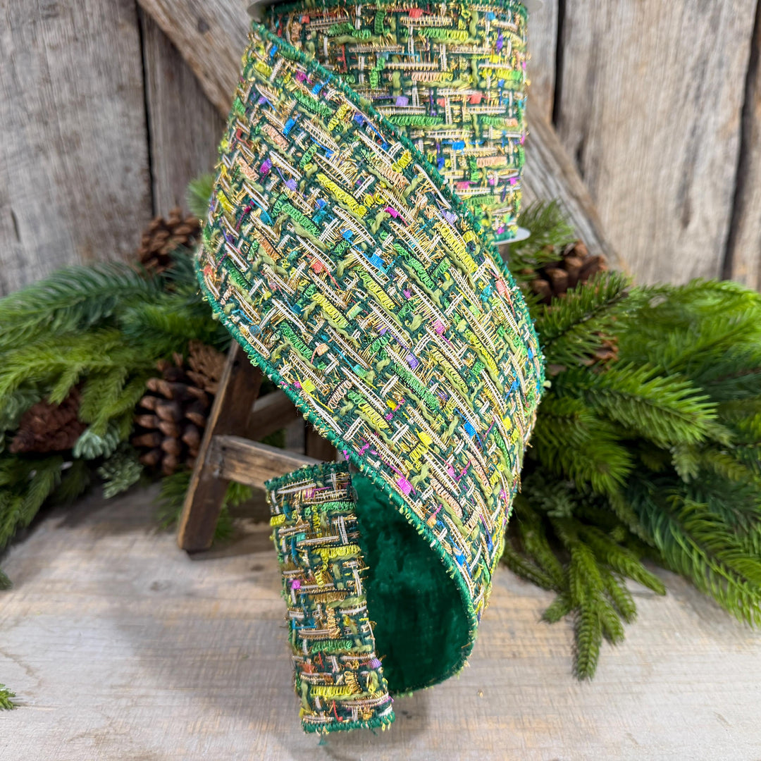 4" Green Tweed Ribbon, Farrisilk Jolly Tweed Ribbon, Christmas Tweed Ribbon, RS289-55