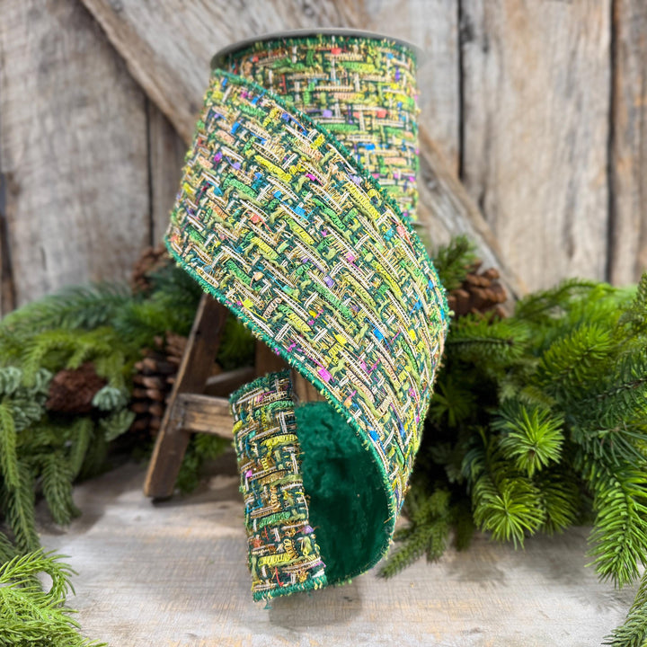 4" Green Tweed Ribbon, Farrisilk Jolly Tweed Ribbon, Christmas Tweed Ribbon, RS289-55