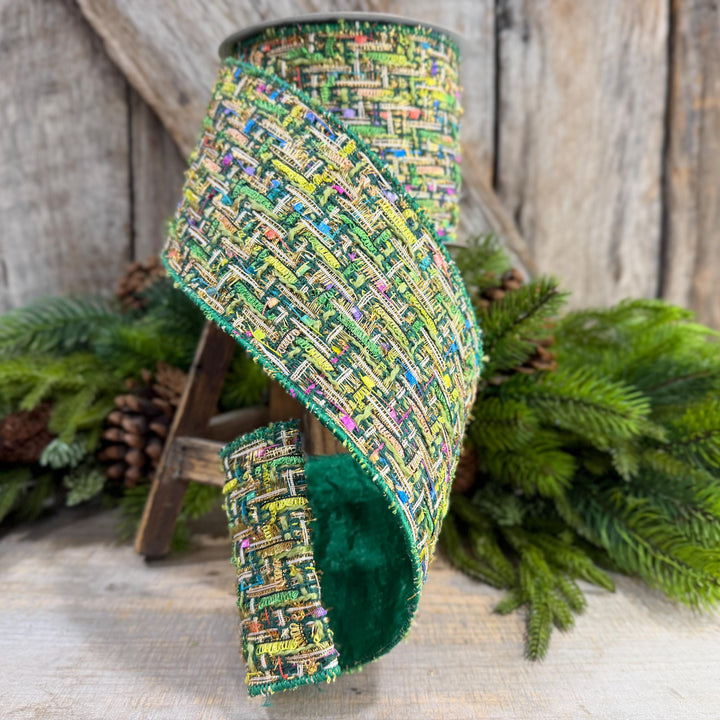 4" Green Tweed Ribbon, Farrisilk Jolly Tweed Ribbon, Christmas Tweed Ribbon, RS289-55
