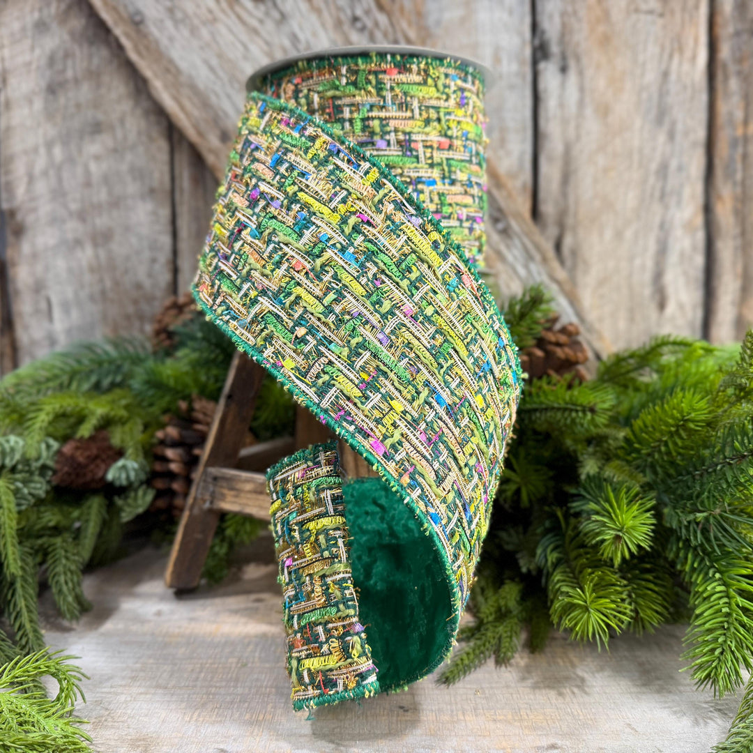 4" Green Tweed Ribbon, Farrisilk Jolly Tweed Ribbon, Christmas Tweed Ribbon, RS289-55
