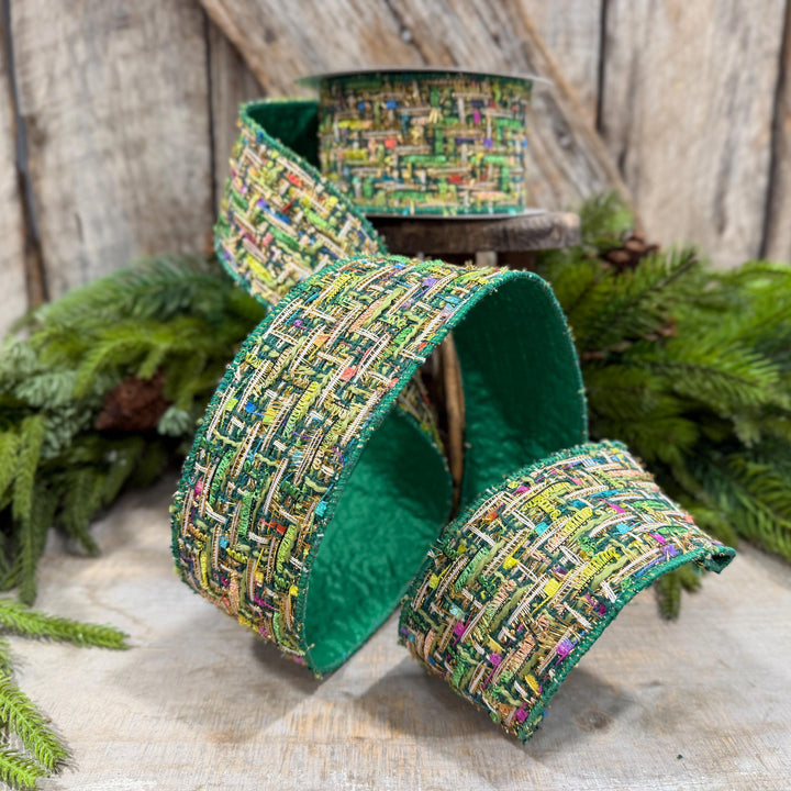 2.5" Green Tweed Ribbon, Farrisilk Jolly Tweed Ribbon, Christmas Tweed Ribbon, RS288-55
