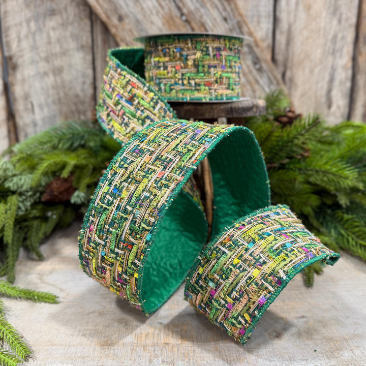 2.5" Green Tweed Ribbon, Farrisilk Jolly Tweed Ribbon, Christmas Tweed Ribbon, RS288-55