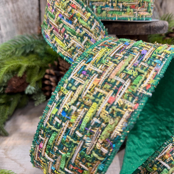 2.5" Green Tweed Ribbon, Farrisilk Jolly Tweed Ribbon, Christmas Tweed Ribbon, RS288-55