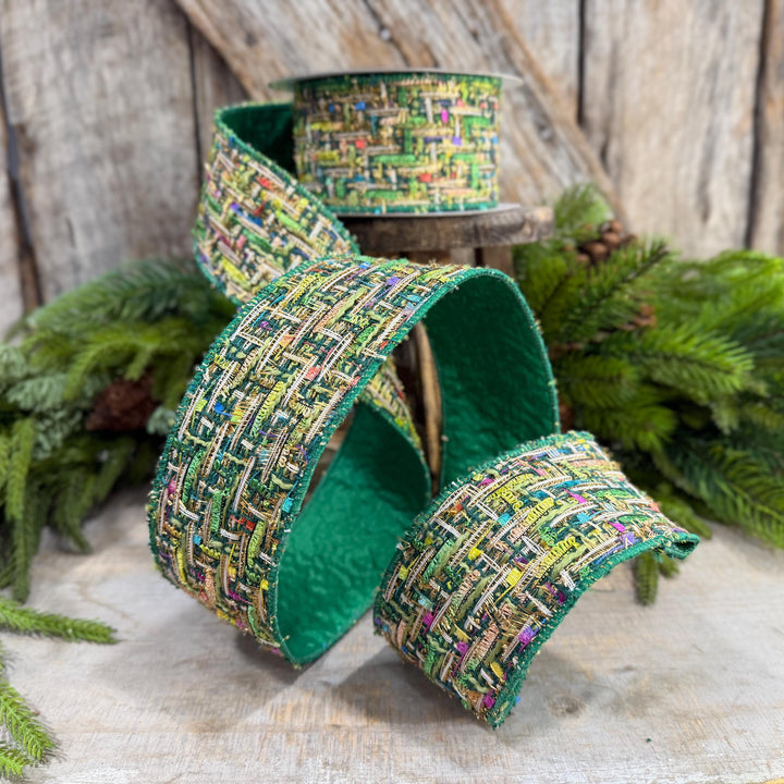 2.5" Green Tweed Ribbon, Farrisilk Jolly Tweed Ribbon, Christmas Tweed Ribbon, RS288-55