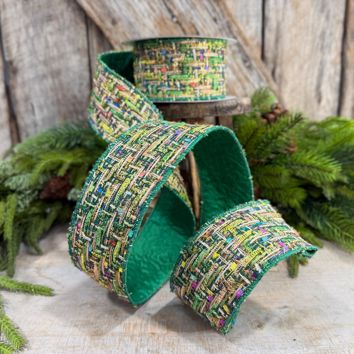 2.5" Green Tweed Ribbon, Farrisilk Jolly Tweed Ribbon, Christmas Tweed Ribbon, RS288-55