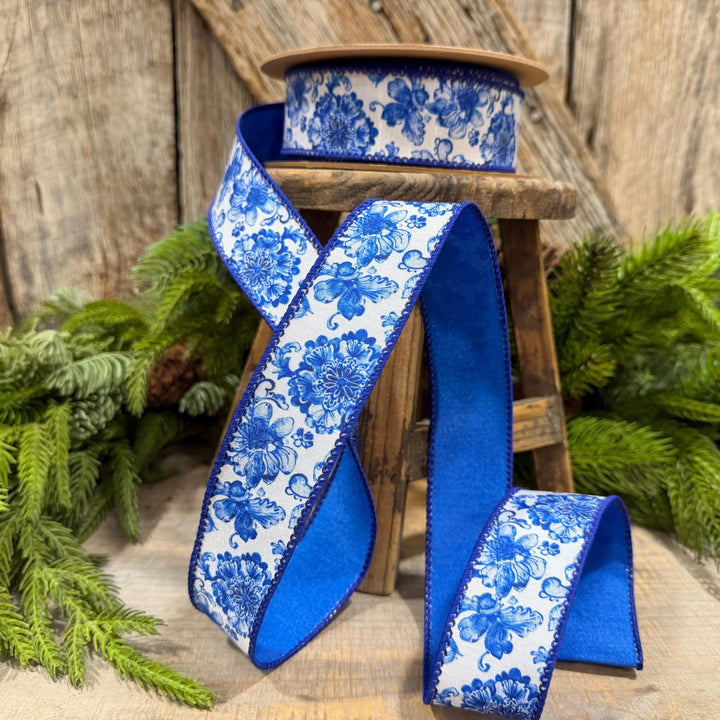 1.5" Blue Chinoiserie Floral Ribbon, Blue &amp; White Floral Wired Ribbon, Designer Ribbon