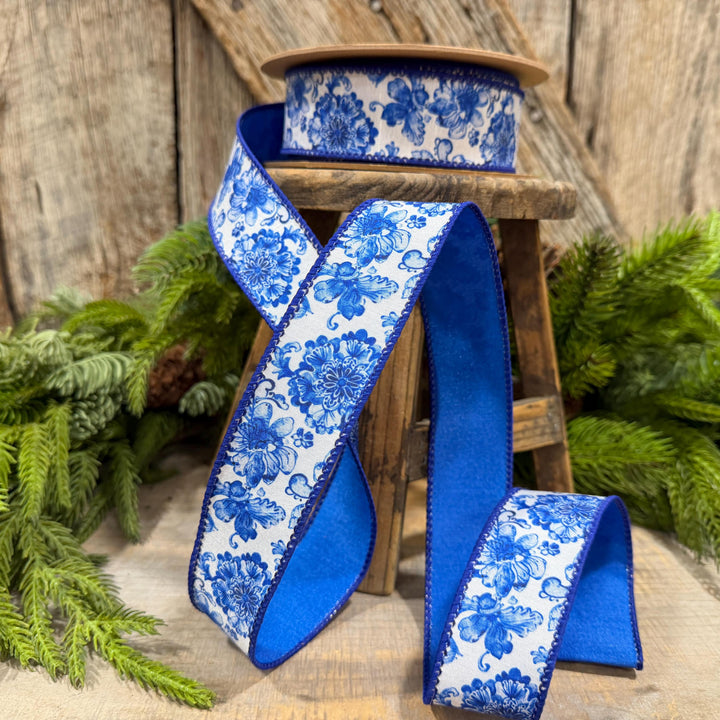 1.5" Blue Chinoiserie Floral Ribbon, Blue &amp; White Floral Wired Ribbon, Designer Ribbon