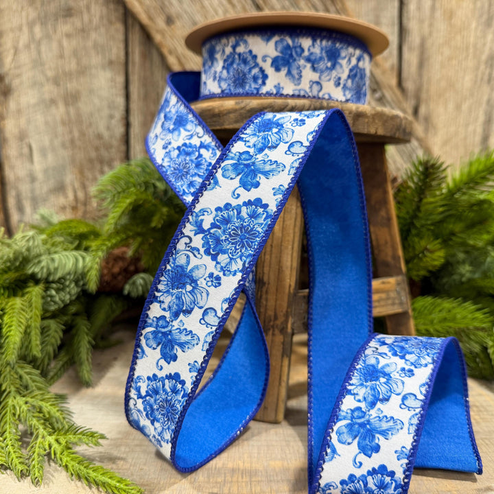 1.5" Blue Chinoiserie Floral Ribbon, Blue &amp; White Floral Wired Ribbon, Designer Ribbon