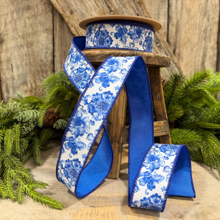 1.5" Blue Chinoiserie Floral Ribbon, Blue &amp; White Floral Wired Ribbon, Designer Ribbon