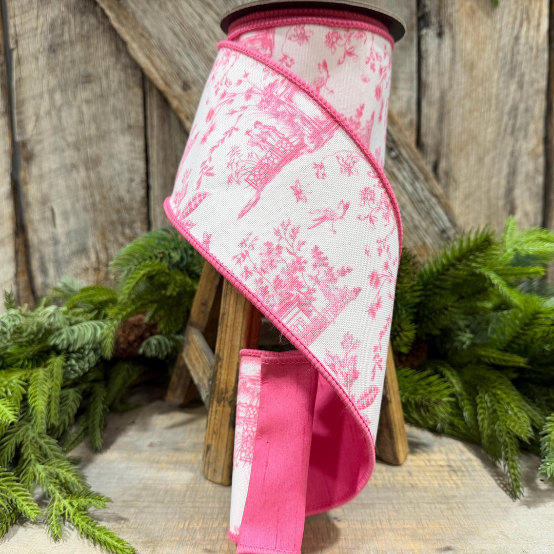 4" Pink Chinoiserie Ribbon, Pink and White Chinoiserie Ribbon, Wired RIbbon, Designer RIbbon