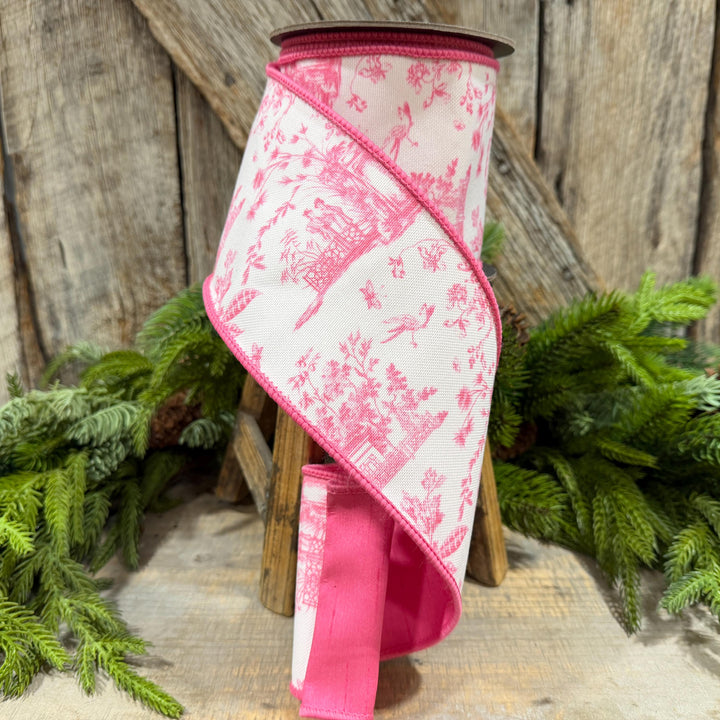 4" Pink Chinoiserie Ribbon, Pink and White Chinoiserie Ribbon, Wired RIbbon, Designer RIbbon