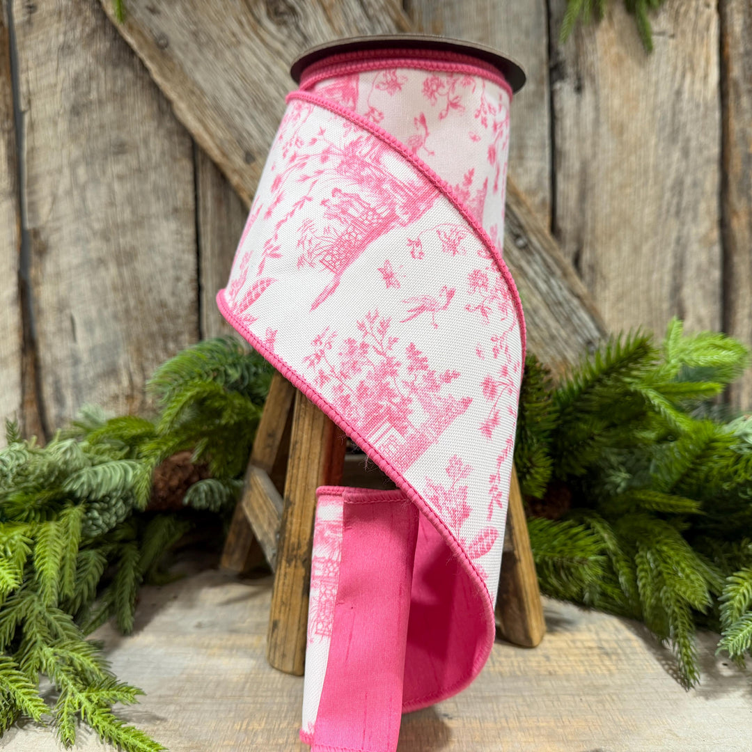 4" Pink Chinoiserie Ribbon, Pink and White Chinoiserie Ribbon, Wired RIbbon, Designer RIbbon