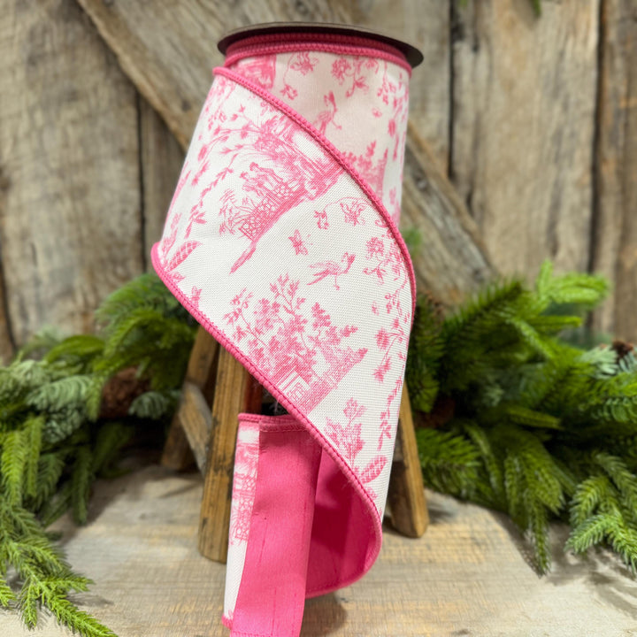 4" Pink Chinoiserie Ribbon, Pink and White Chinoiserie Ribbon, Wired RIbbon, Designer RIbbon