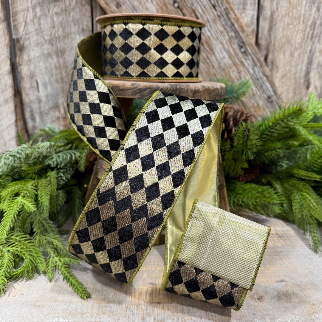 2.5" Black Gold Harlequin Ribbon, Diamond Ribbon, Black Gold Ribbon