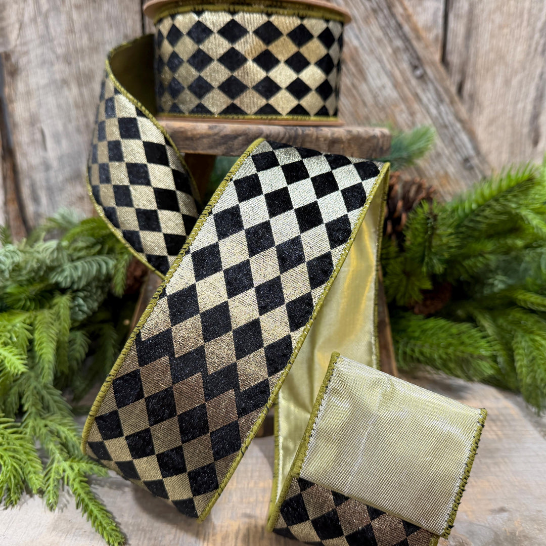 2.5" Black Gold Harlequin Ribbon, Diamond Ribbon