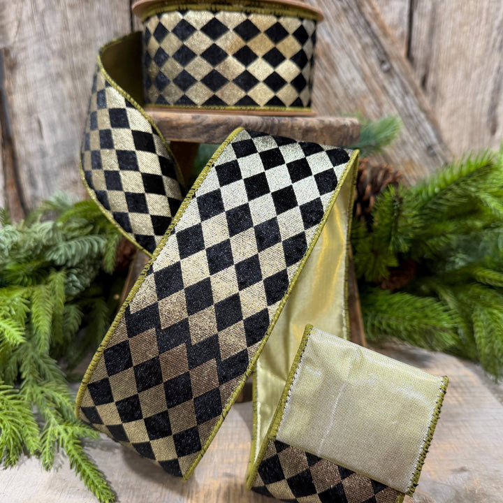 2.5" Black Gold Harlequin Ribbon, Diamond Ribbon