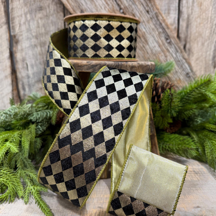 2.5" Black Gold Harlequin Ribbon, Diamond Ribbon, Black Gold Ribbon