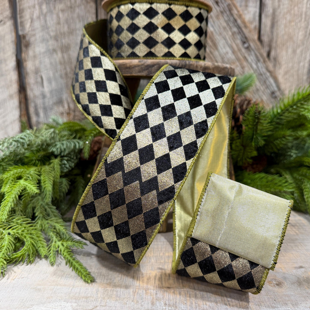 2.5" Black Gold Harlequin Ribbon, Diamond Ribbon, Black Gold Ribbon