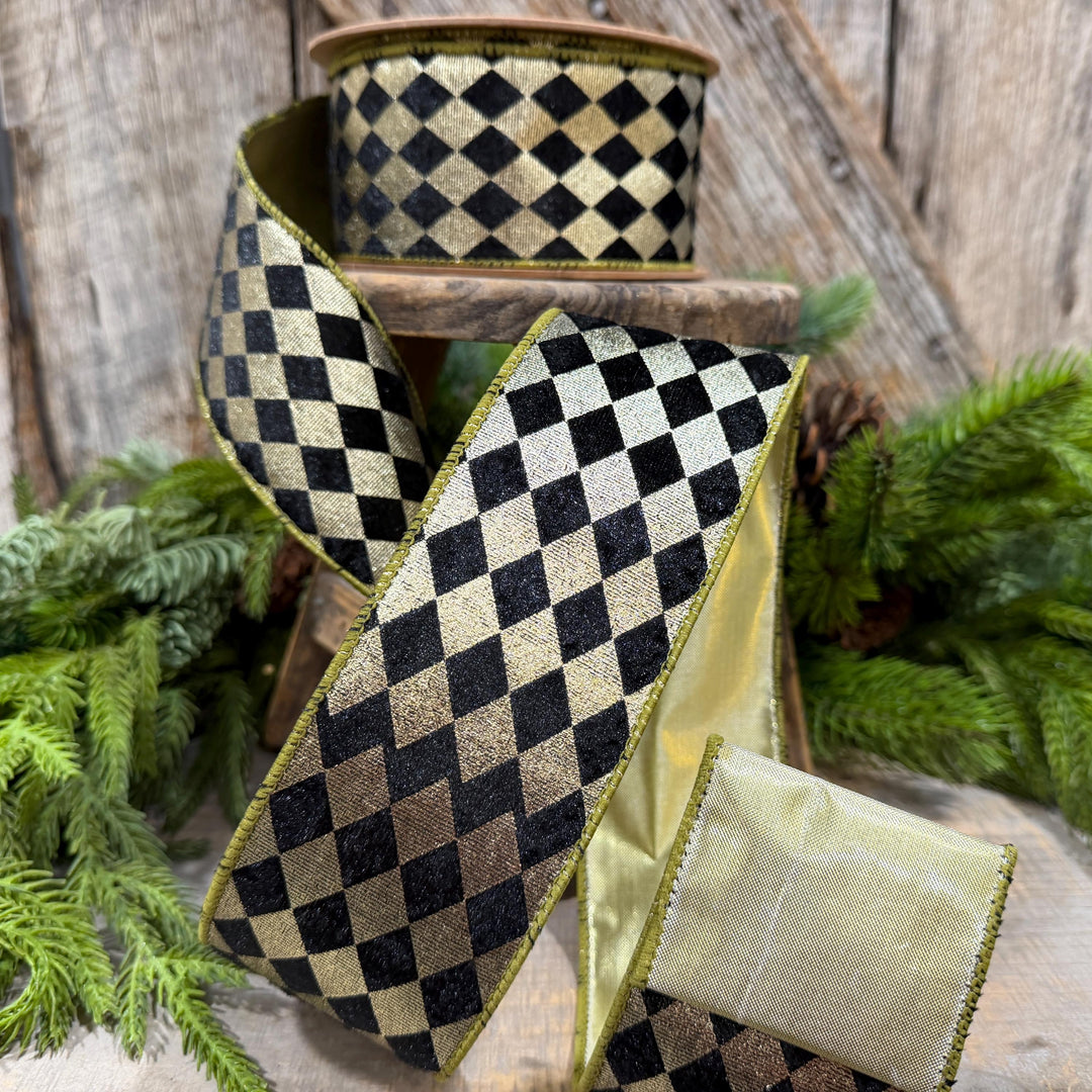 2.5" Black Gold Harlequin Ribbon, Diamond Ribbon, Black Gold Ribbon