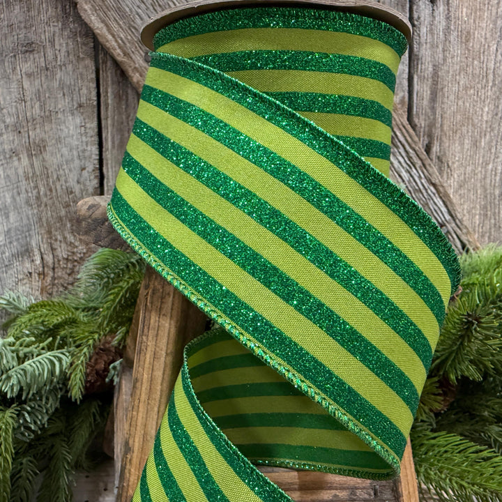 2.5" Lime Green Striped Ribbon, Christmas Ribbon